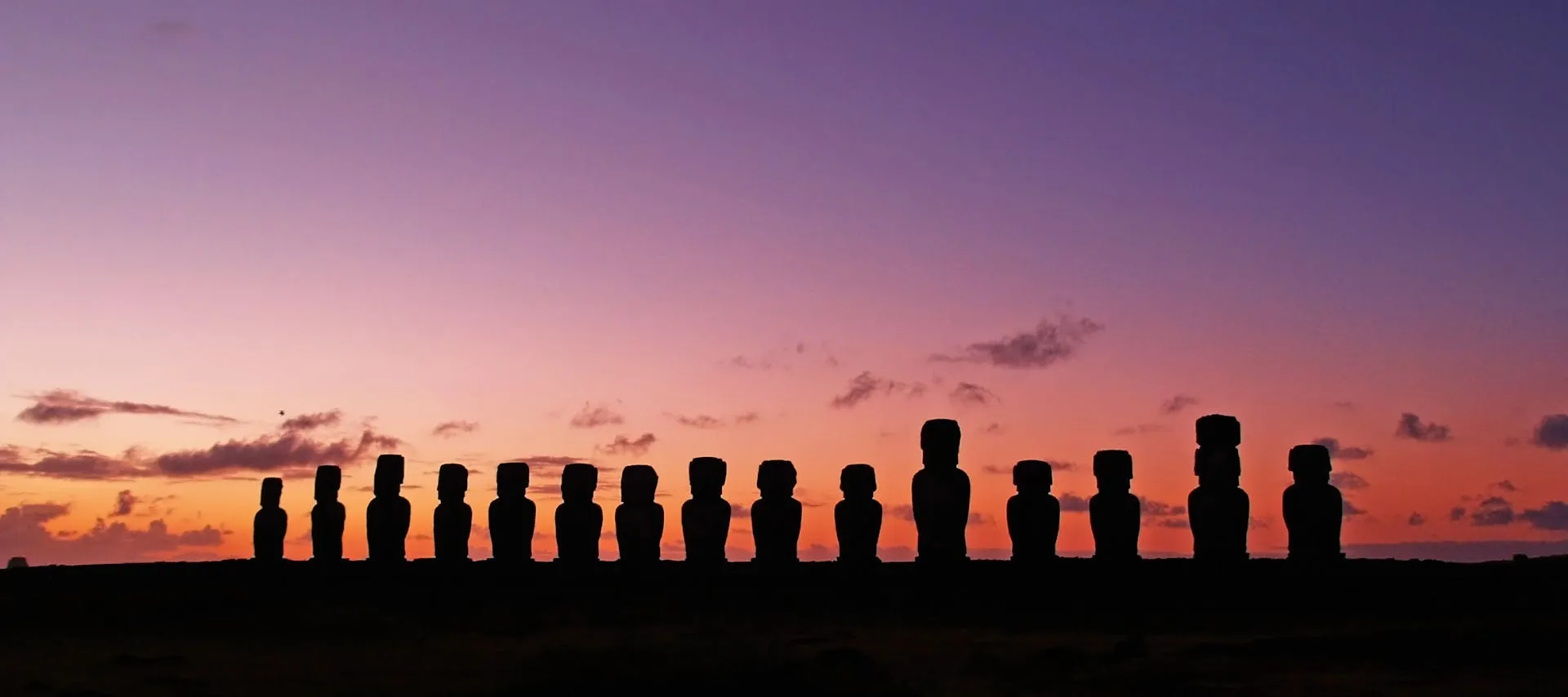 Moai statues on Easter Island silhouetted against a dramatic sunset sky